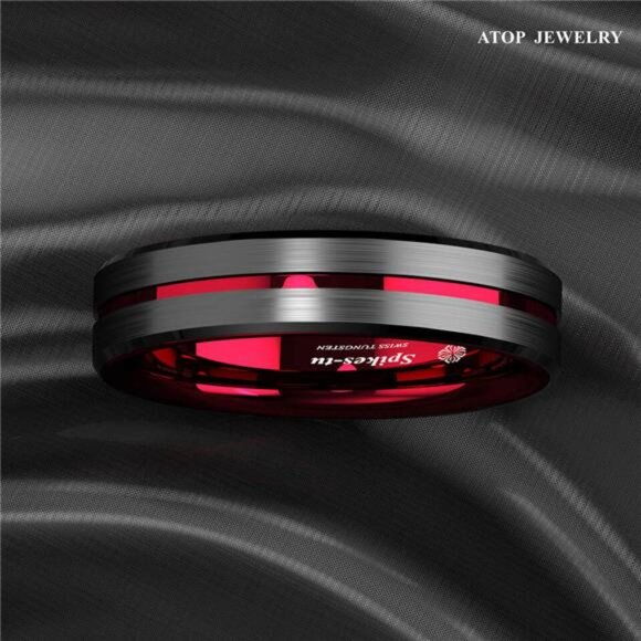 6mm Black Red Line Men's Wedding Band Ring - Perfect for Men and Women - Picture 5 of 6